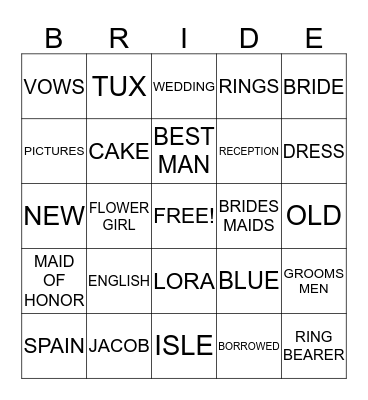 Bride's Bingo Card