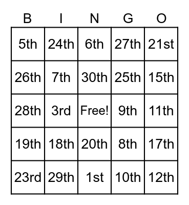 Ordinal Bingo Card