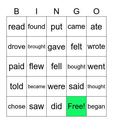Past Simple irregular verbs Bingo Card
