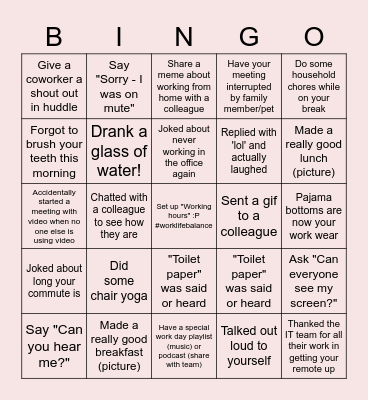 Remote Work Bingo Card
