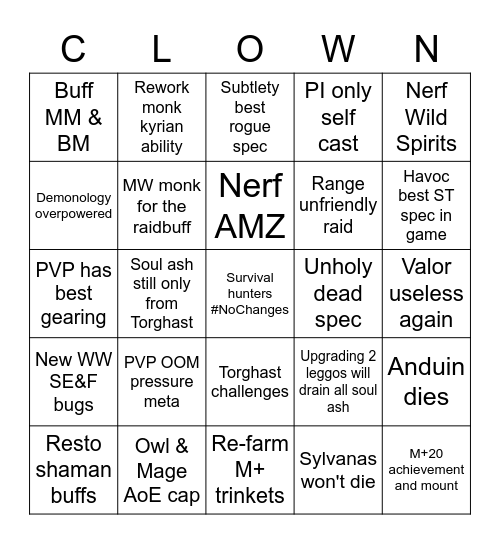 Patch 9.1 Chains of Domination Bingo Card