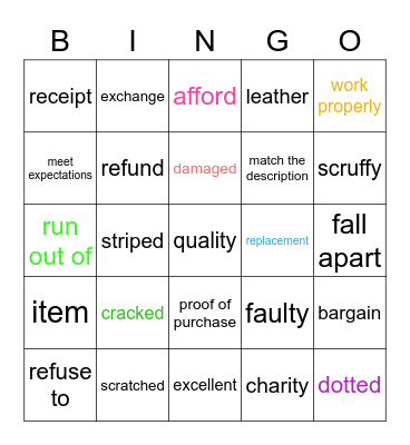 shopping vocabulary Bingo Card