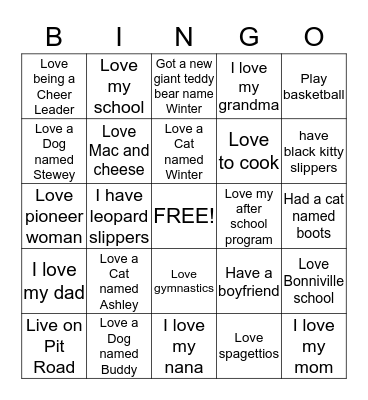 Things I Love Bingo Card