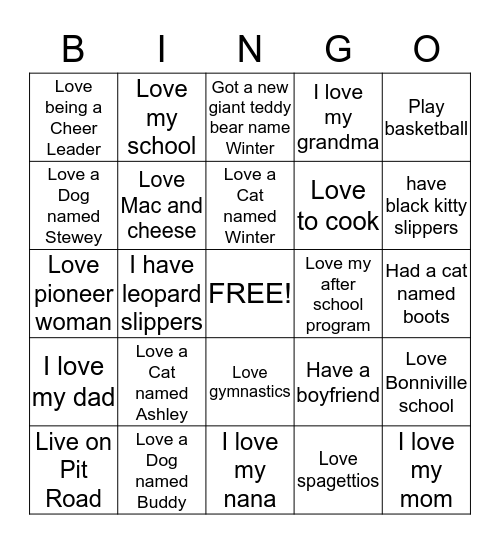 Things I Love Bingo Card