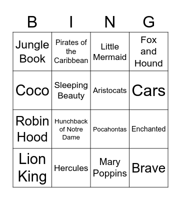 Disney Bingo 1 Bingo Card