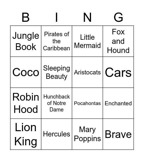 Disney Bingo 1 Bingo Card