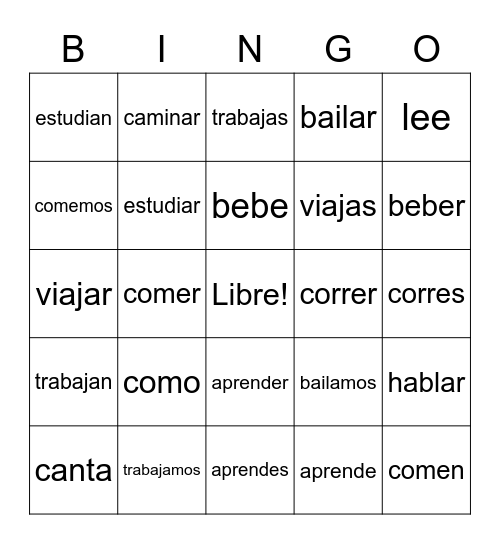 Spanish -ER & -AR Verbs Bingo Card