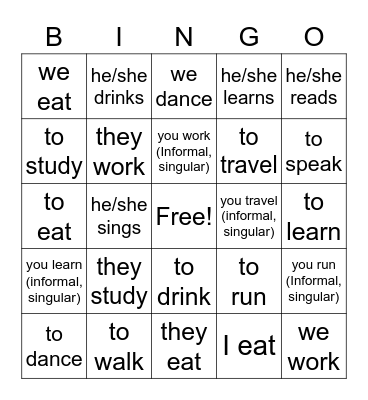 Spanish -ER & -Ar Verbs (English Bingo Card) Bingo Card