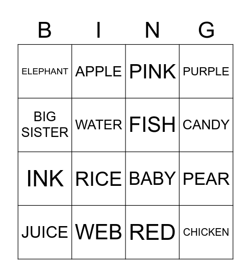 Super Kids Bingo Card