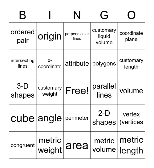 Measurement/Geometry Vocabulary Bingo Card