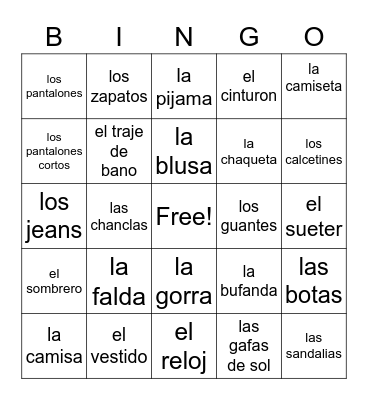 La ropa Bingo Card