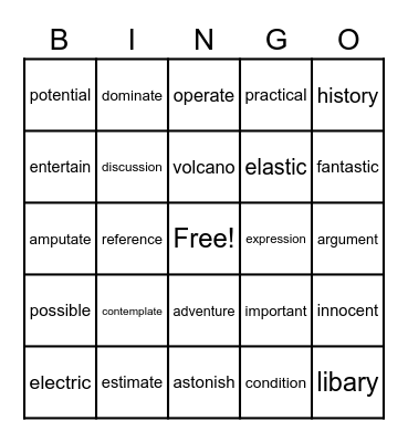 Multisyllable Words Bingo Card