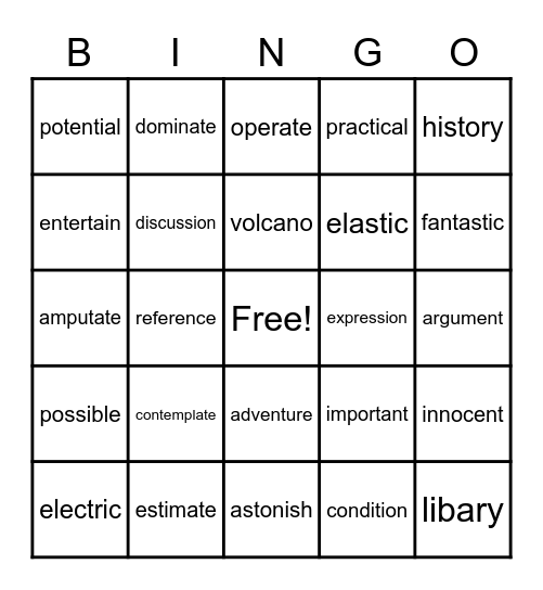 Multisyllable Words Bingo Card