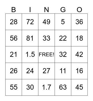 Number Bingo Card