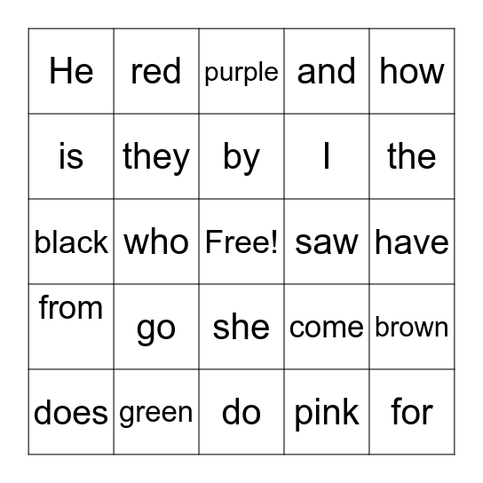 Red Words Layer One and Color Words Bingo Card