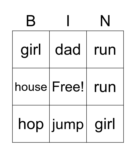 Verbs Bingo Card