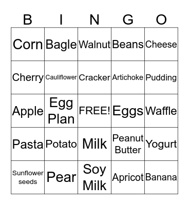 Food group Bingo Card