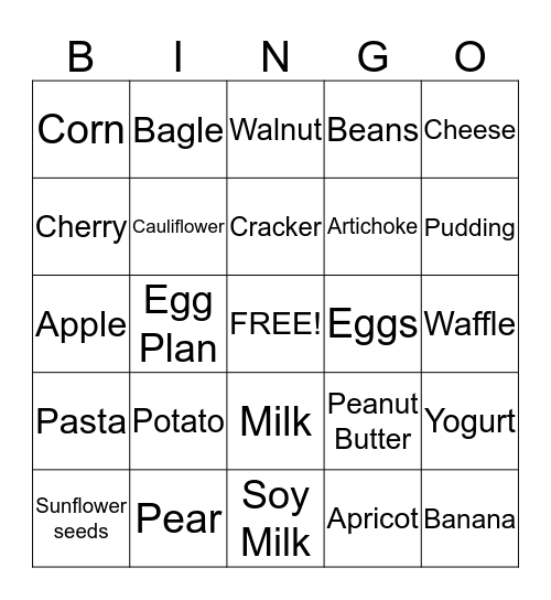 Food group Bingo Card