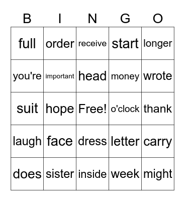Sight Word Bingo Card