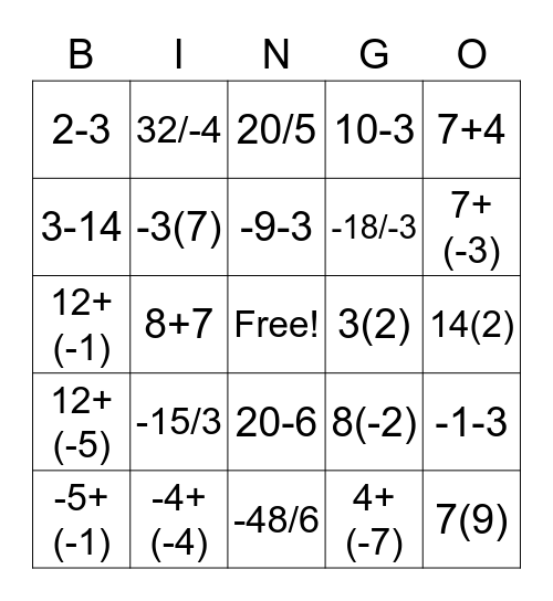 Rational Operations Bingo Card