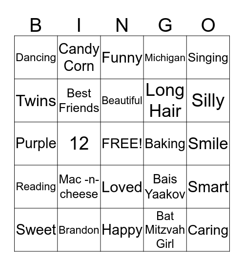 Ellee's Bat Mitzvah Bingo Card