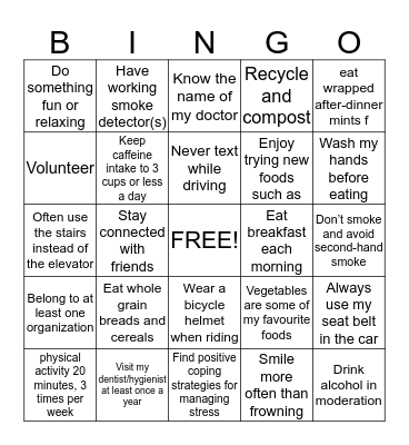 Healthy Lifestyle Bingo Card