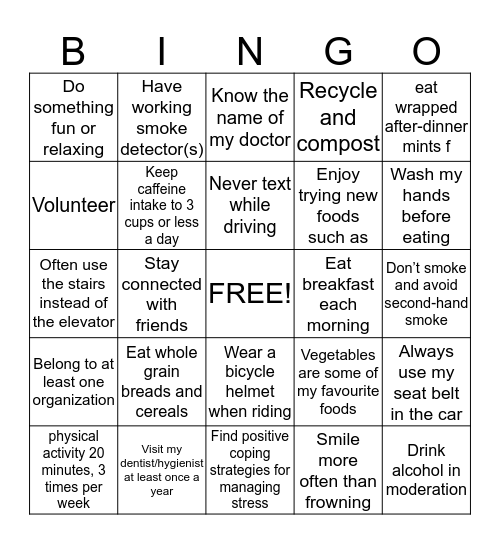 Healthy Lifestyle Bingo Card