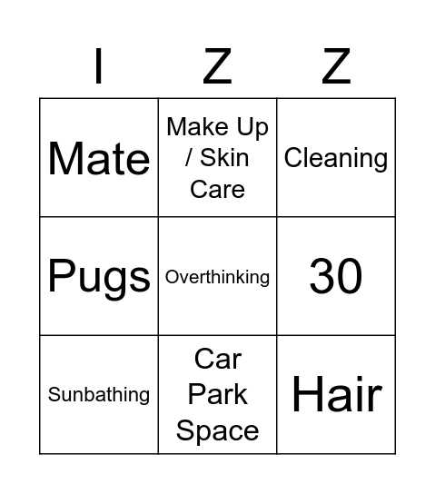 Izzy's 30th Birthday Bingo Card
