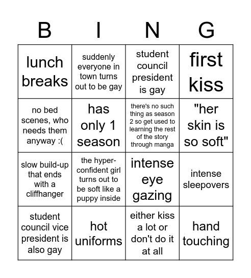 Yuri Anime Bingo Card