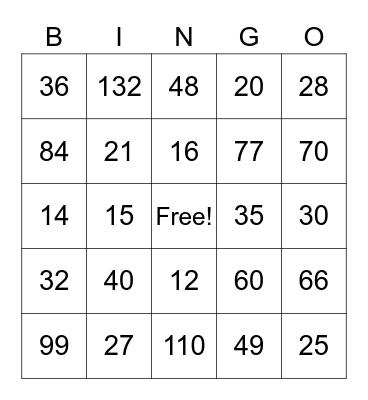 Multiplication Bingo Card