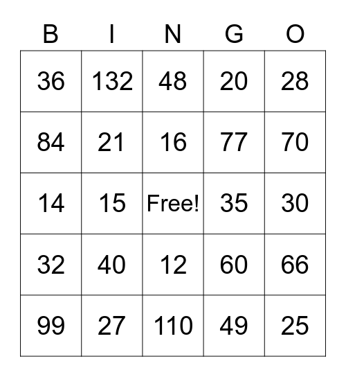 Multiplication Bingo Card