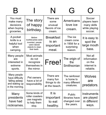 Main Idea Bingo Card