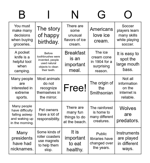 Main Idea Bingo Card