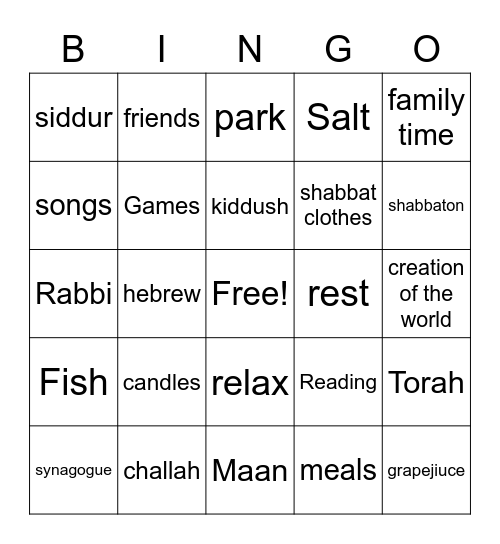 Shabbat Bingo Card