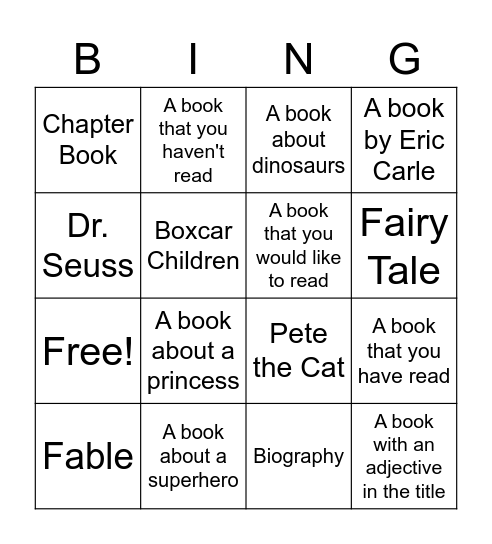Book Sharing Bingo Card