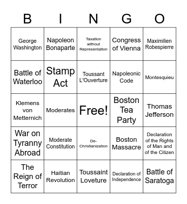 Revolutionary Bingo Card