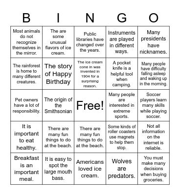 Main Idea Bingo Card