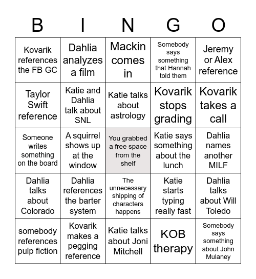 Kovarik Bingo Card