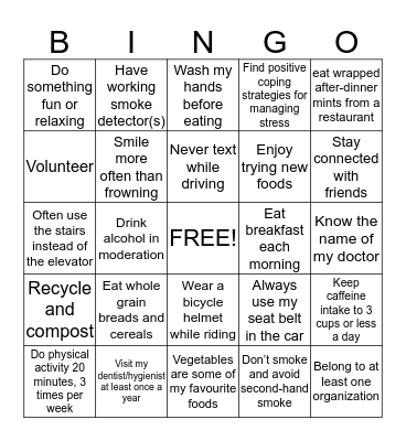 Healthy Lifestyle Bingo Card