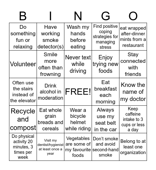 Healthy Lifestyle Bingo Card