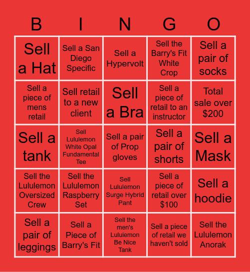 Barry's SD Retail Competition Bingo Card