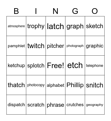 tch/ph words Bingo Card