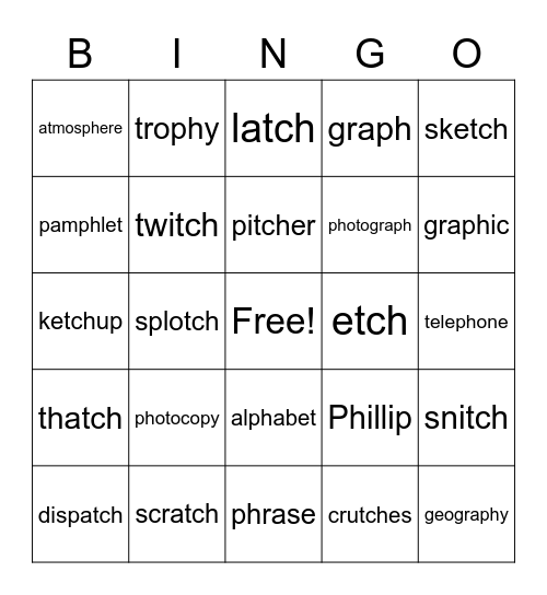 tch/ph words Bingo Card