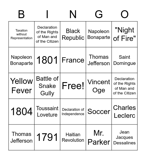 Revolutionary Bingo Card