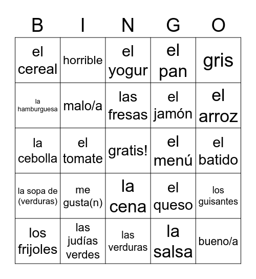 La comida Bingo Card