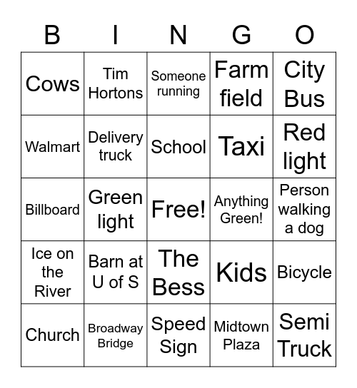 Saskatoon Bus Ride Bingo Card