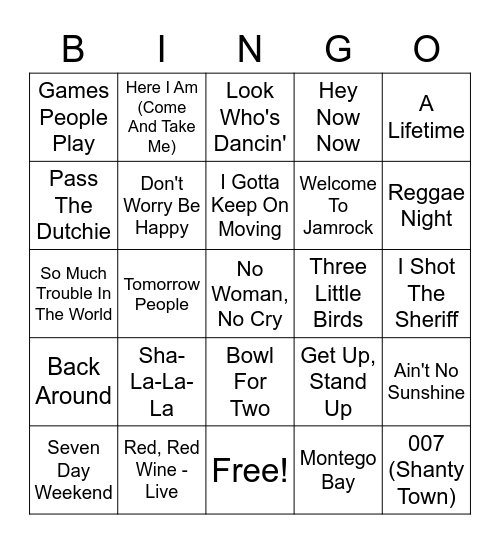 Reggae Hits Bingo Card