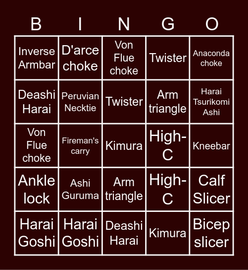 Grappling Bingo Card