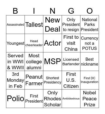 US Presidents Bingo Card