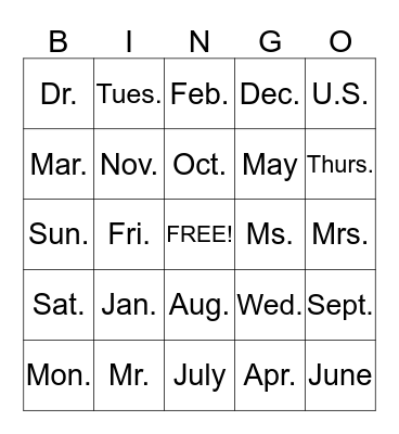 Abbreviations Bingo  Bingo Card